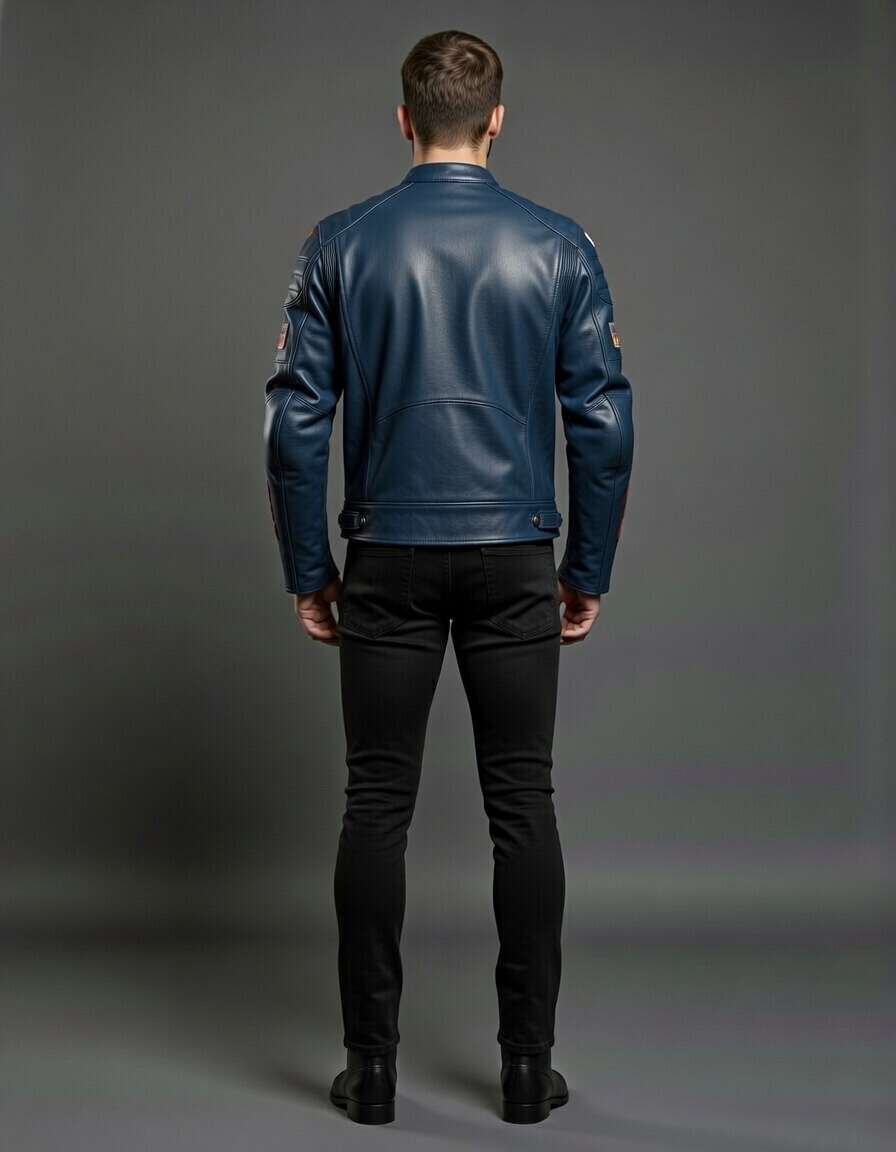 Blue Leather Motorcycle Jacket - Image 4