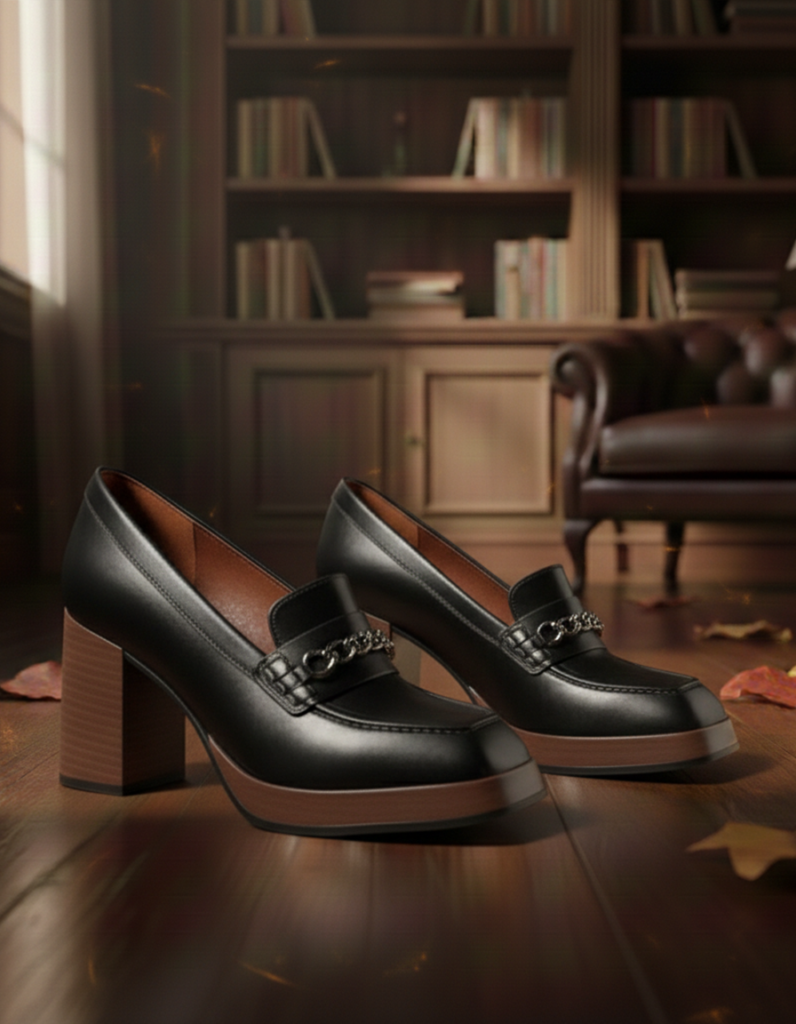 Black Leather Block Heel Loafers