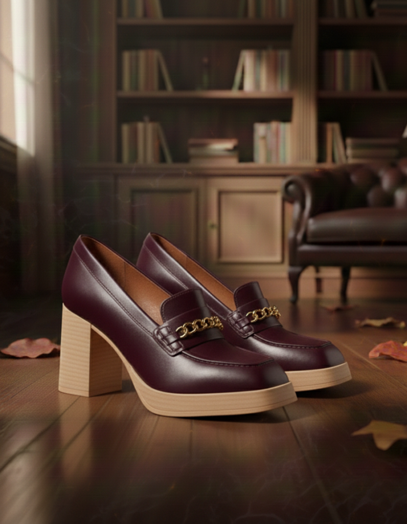 Burgundy Leather Block Heel Loafers