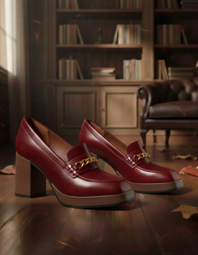 red leather block heel loafers