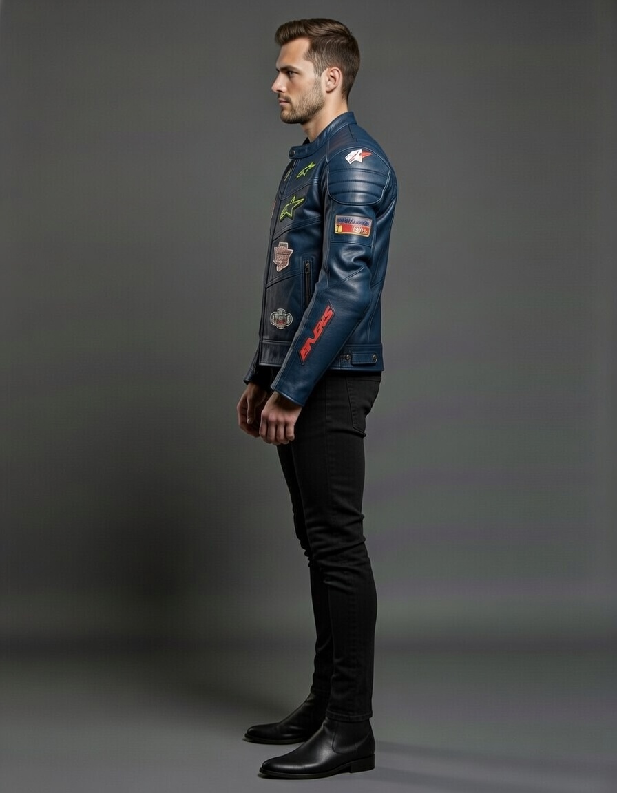 Blue Leather Motorcycle Jacket - Image 3