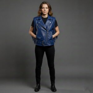 Western Fringe Blue Leather Vest