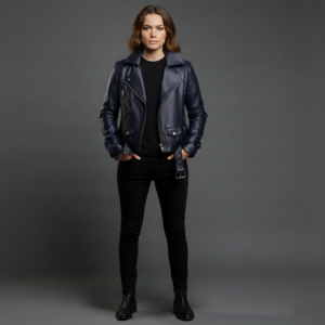 Dark Blue Belt Leather Jacket