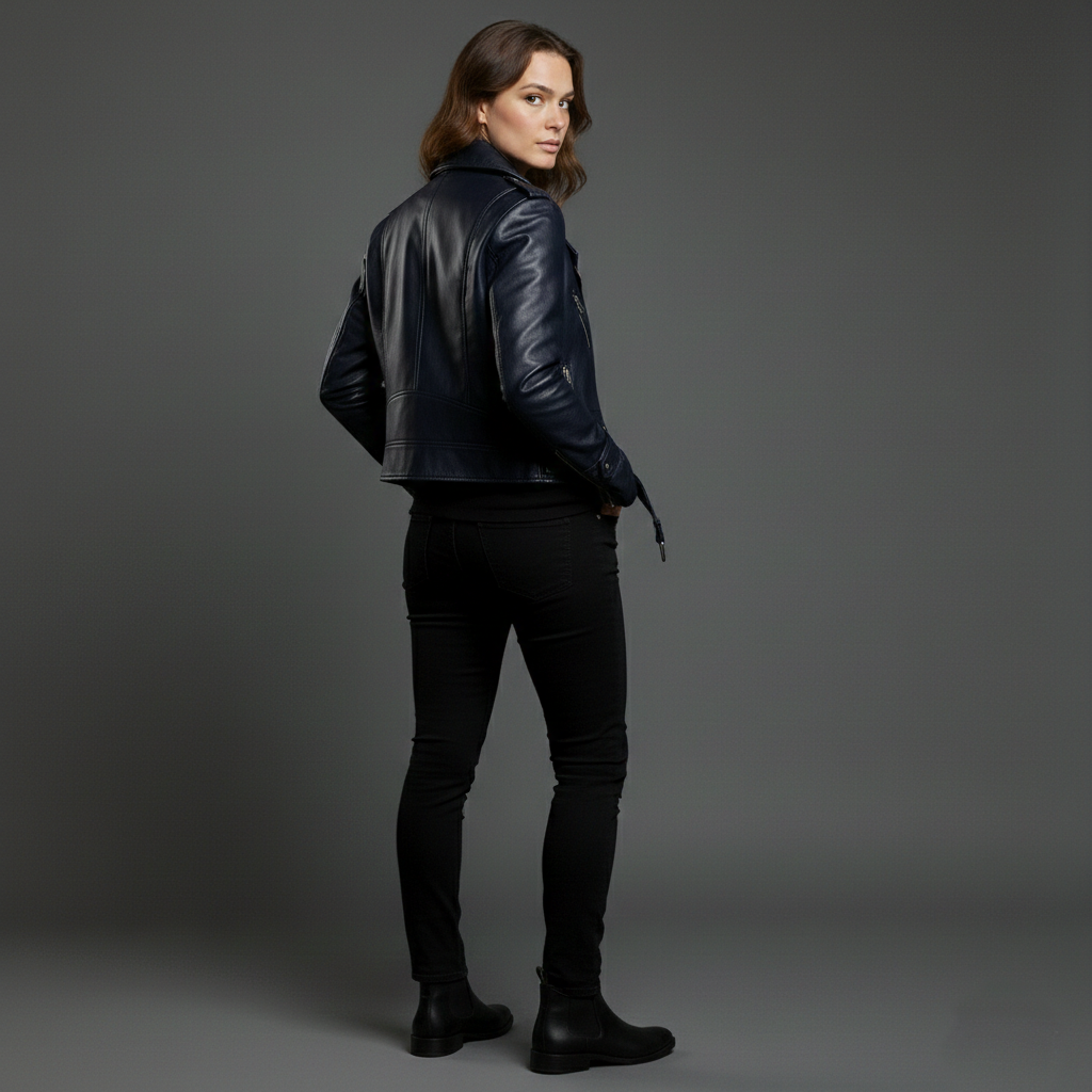 Dark Blue Belt Leather Jacket - Image 3