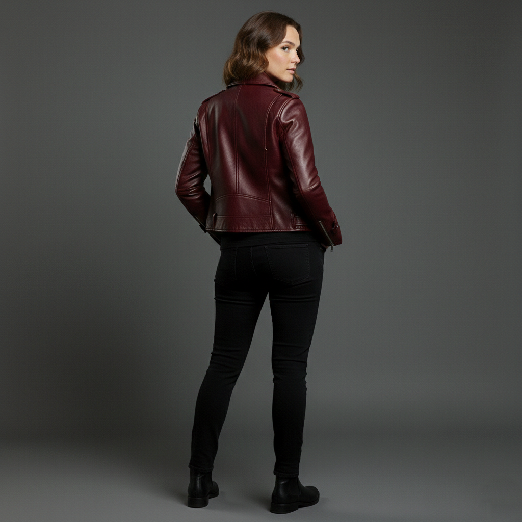 Burgundy Belt Leather Jacket - Image 2