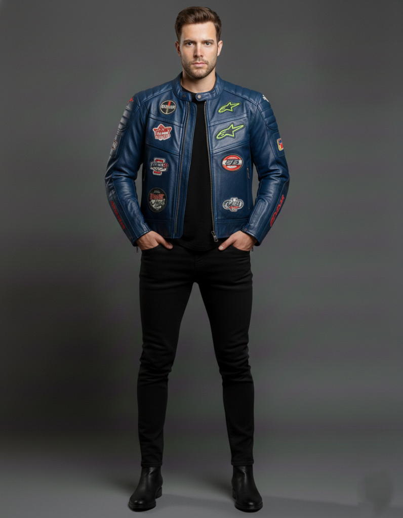 blue biker leather jacket men