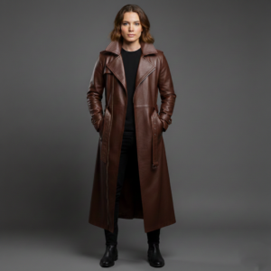 Women's Brown Long Leather Trench Coat