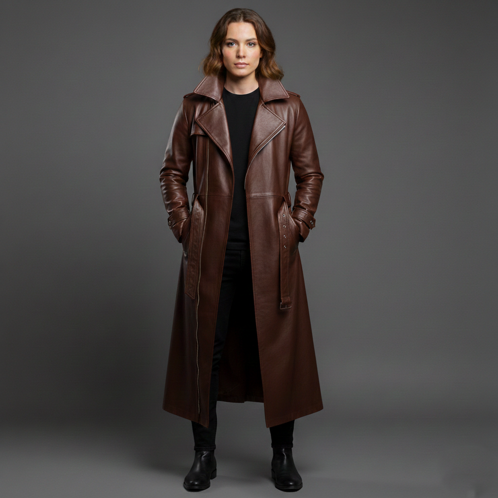 Women's Brown Long Leather Trench Coat
