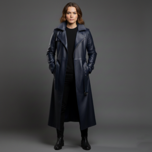 Women's Navy Blue Long Leather Trench Coat