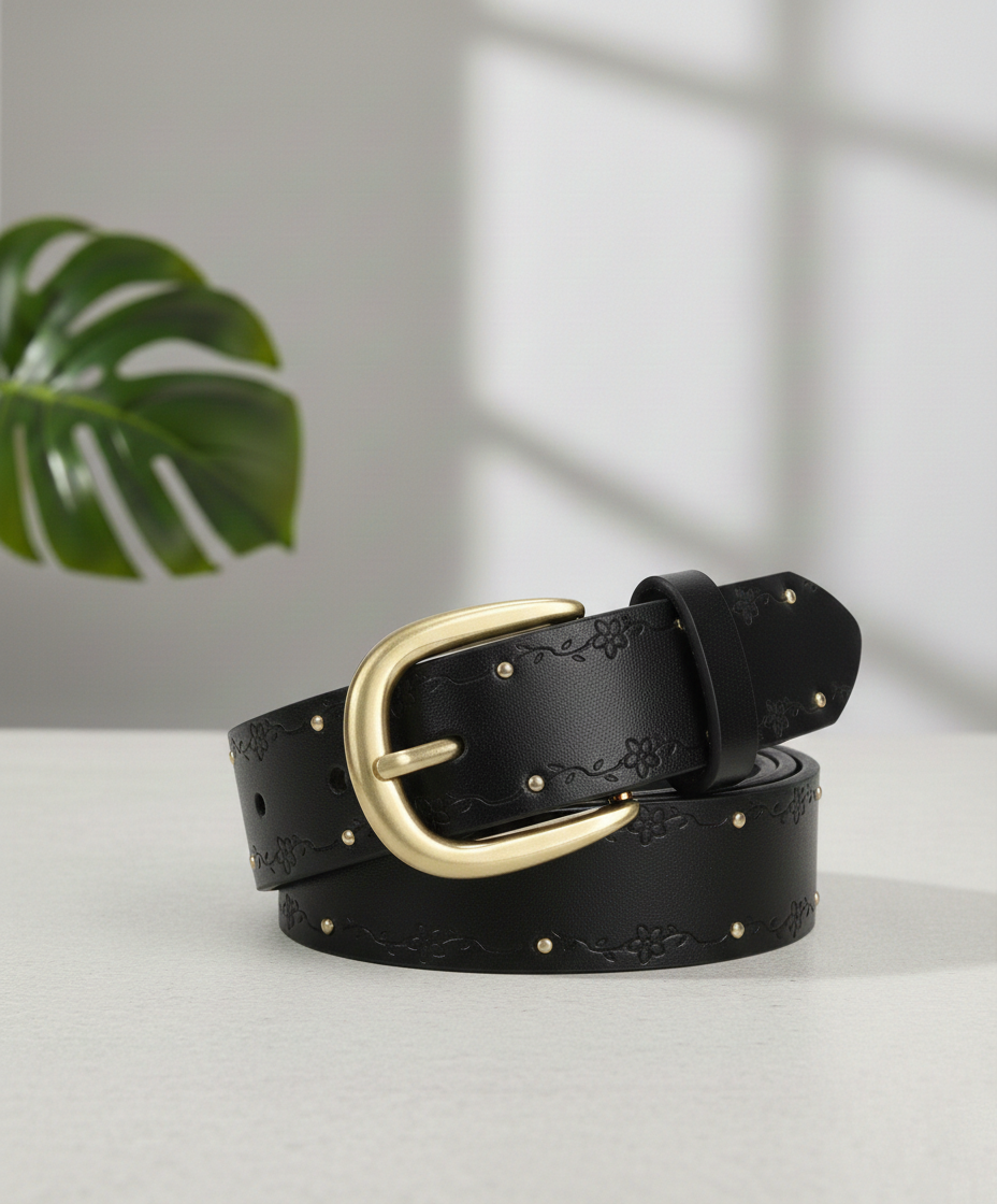 Vintage Bloom Gold Buckle Black Belt
