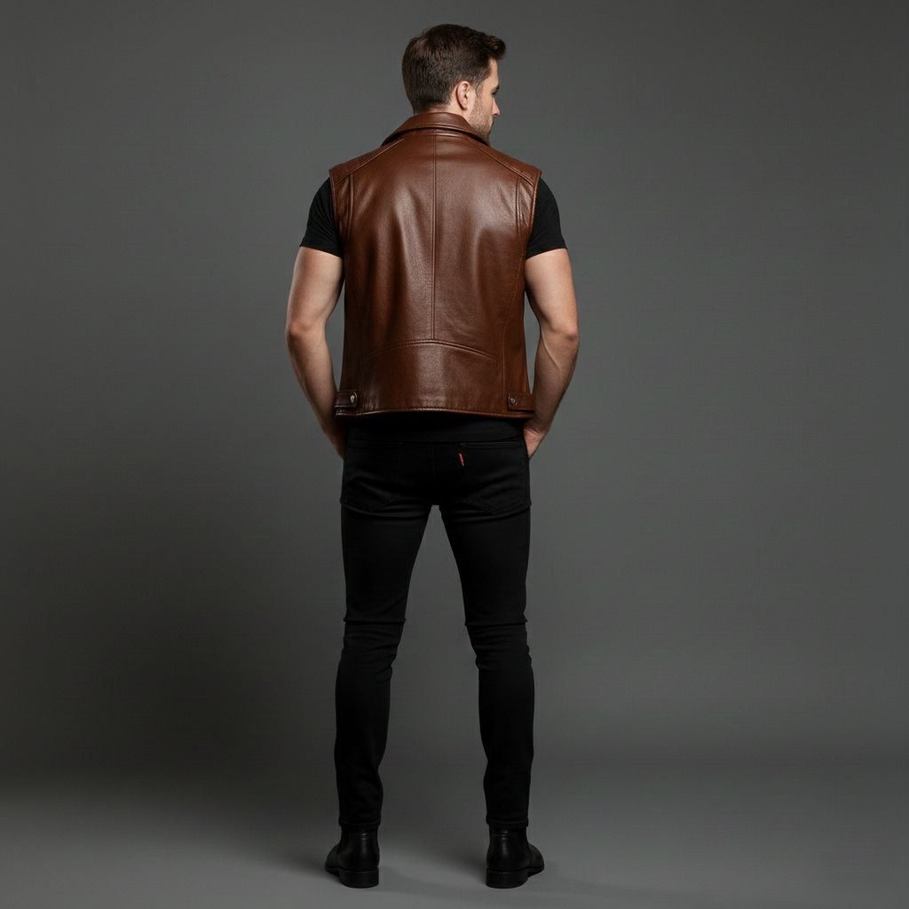 Brown Leather Biker Vest - Image 2