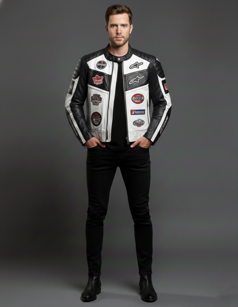 Black and White Biker Leather Jacket Men