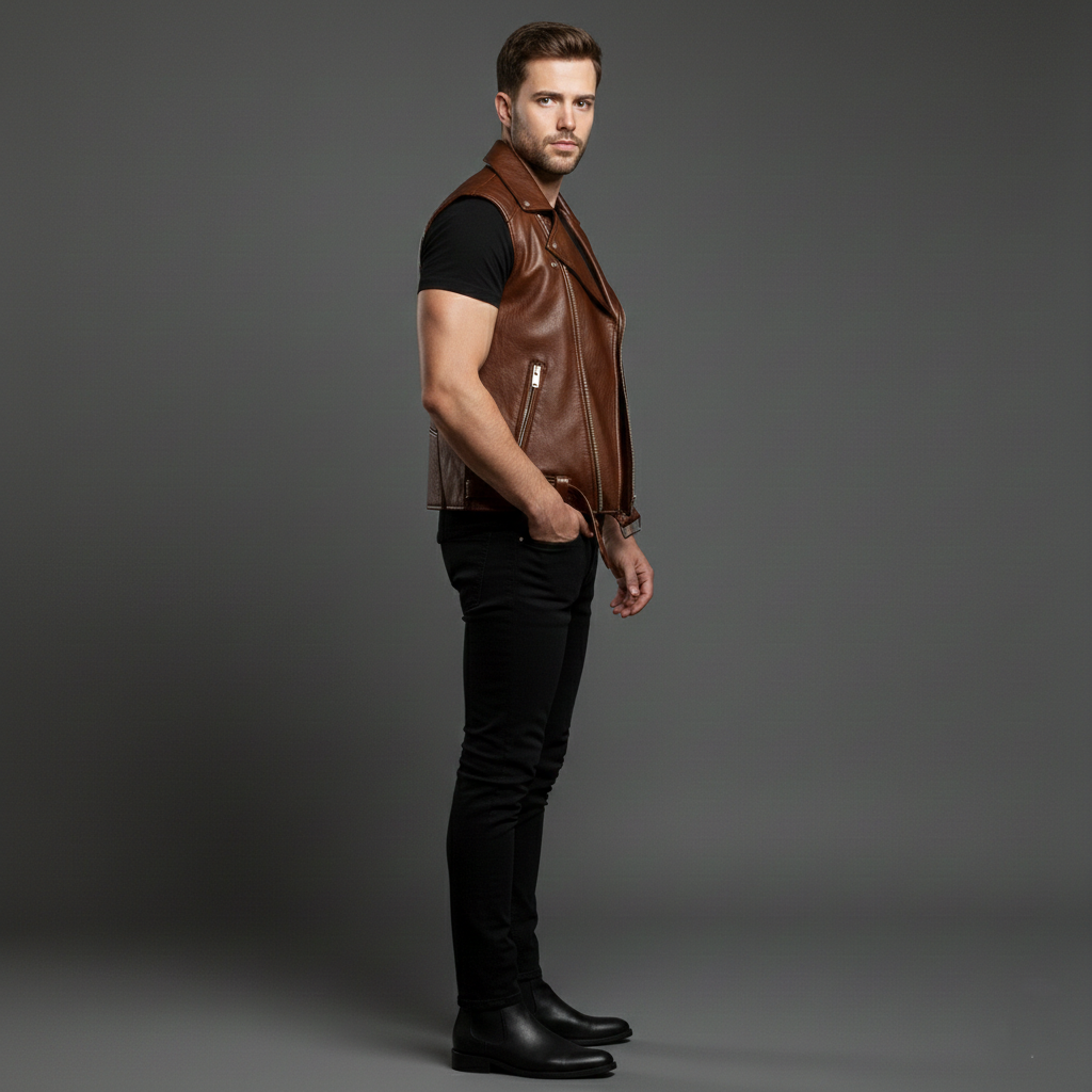 Brown Leather Biker Vest - Image 3