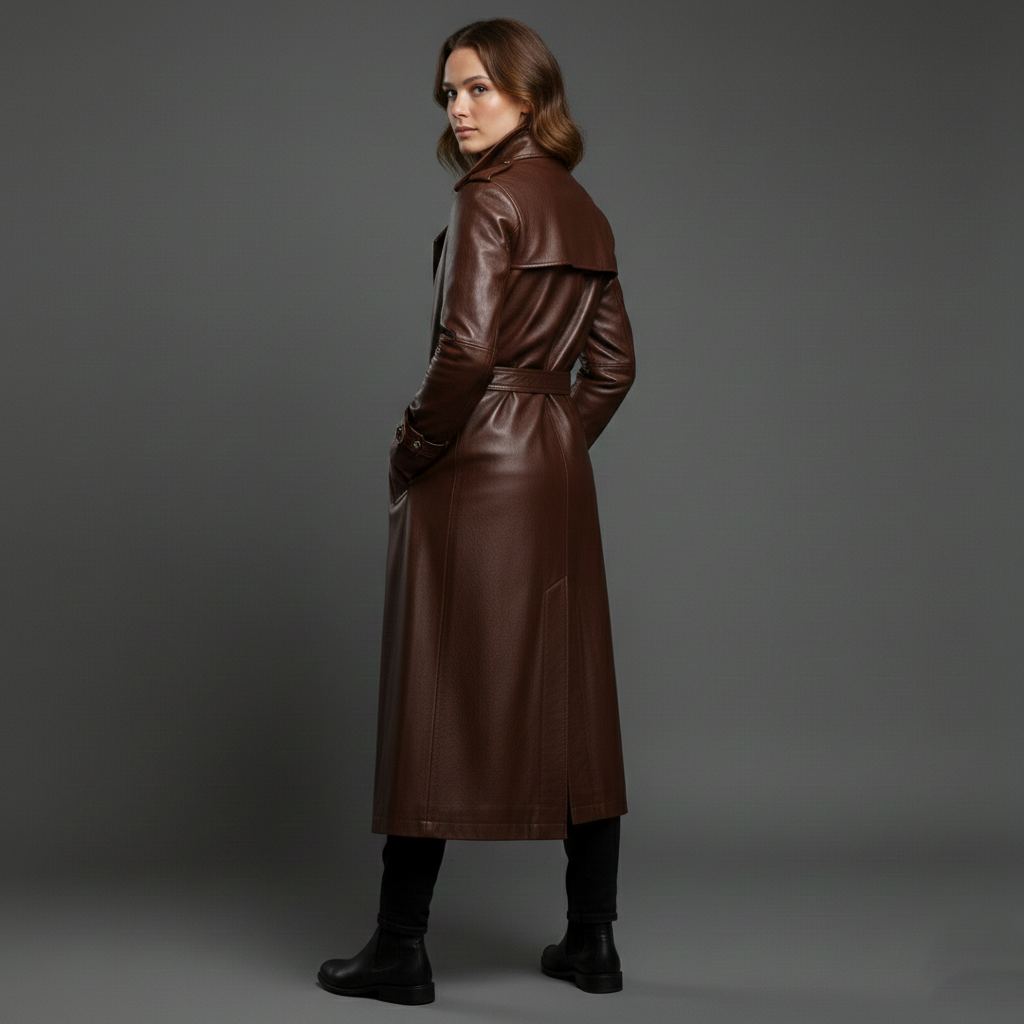 Women's Brown Long Leather Trench Coat - Image 4