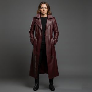 Women's Burgundy Long Leather Trench Coat