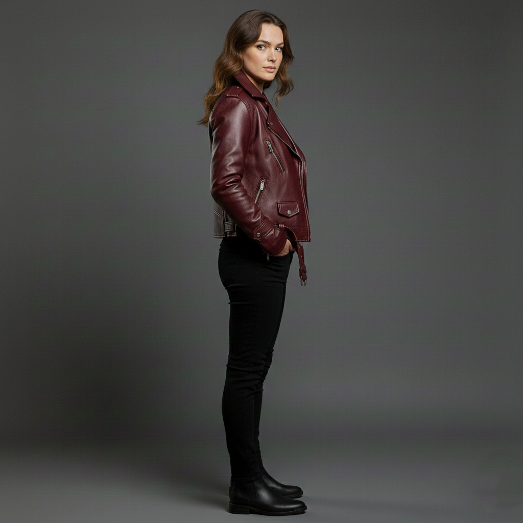 Burgundy Belt Leather Jacket - Image 4