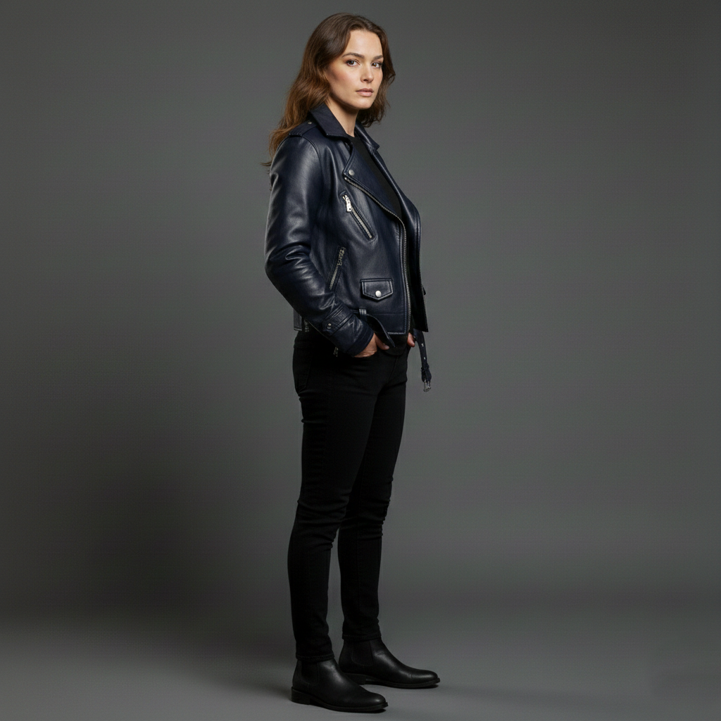 Dark Blue Belt Leather Jacket - Image 2