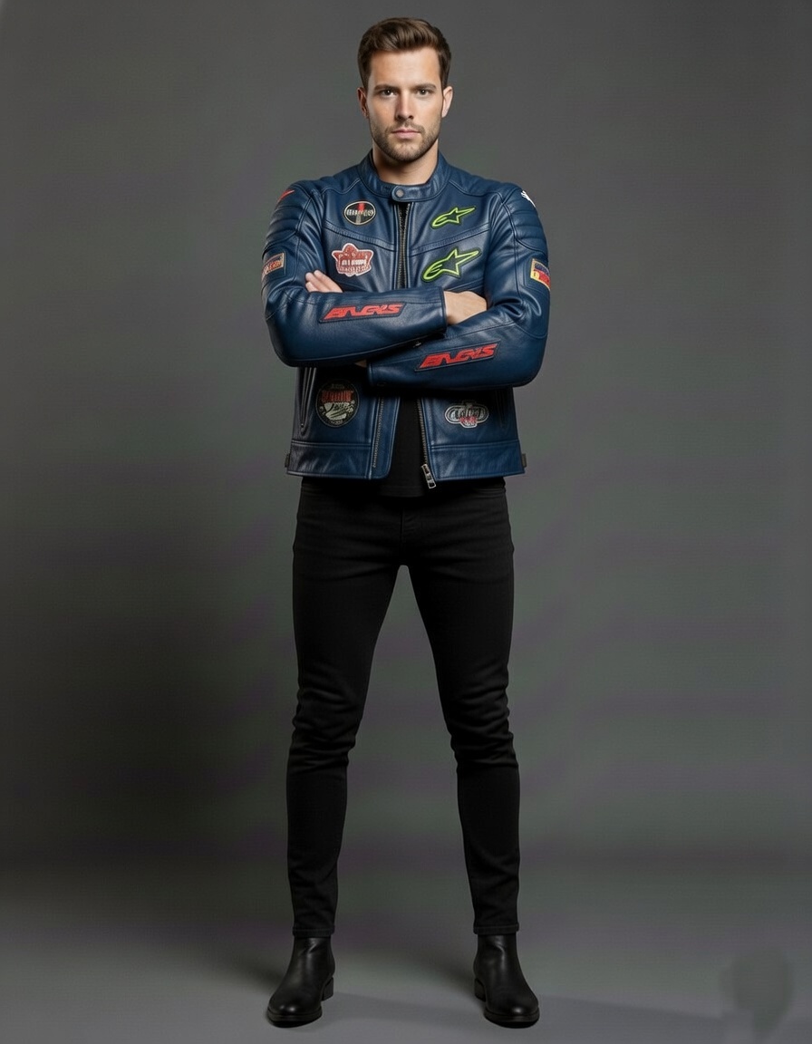 Blue Leather Motorcycle Jacket - Image 2