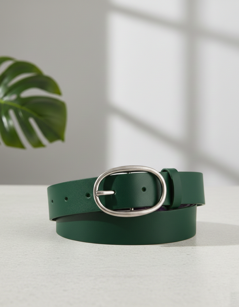 Oval Buckle Green Leather Belt