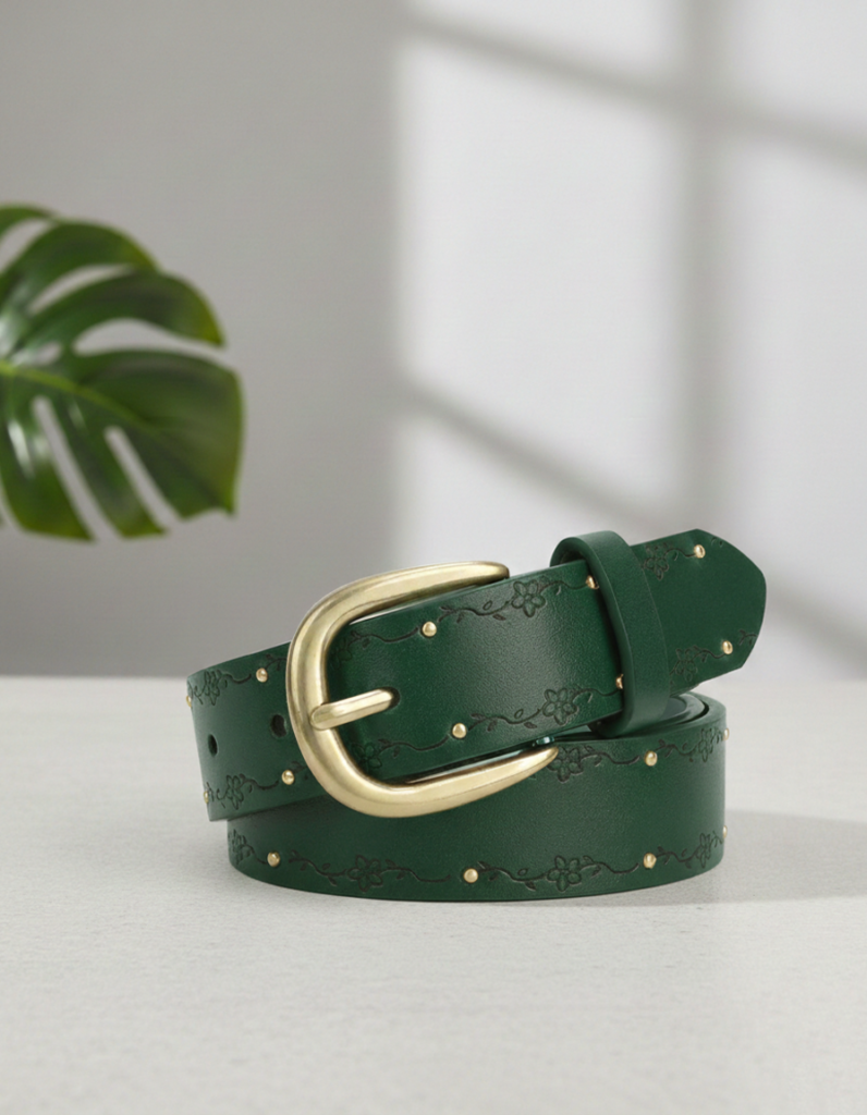 Green Floral Leather Belt