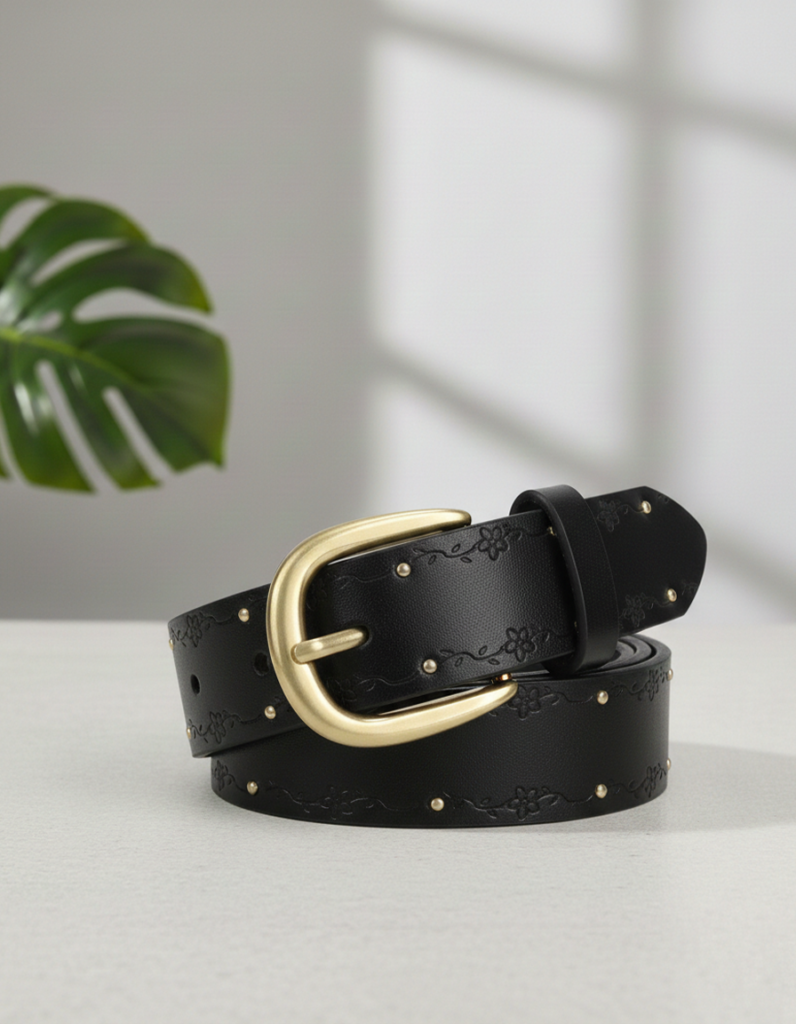 Black Floral Leather Belt