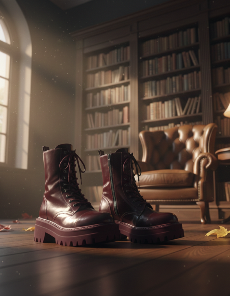 Burgundy leather combat boots