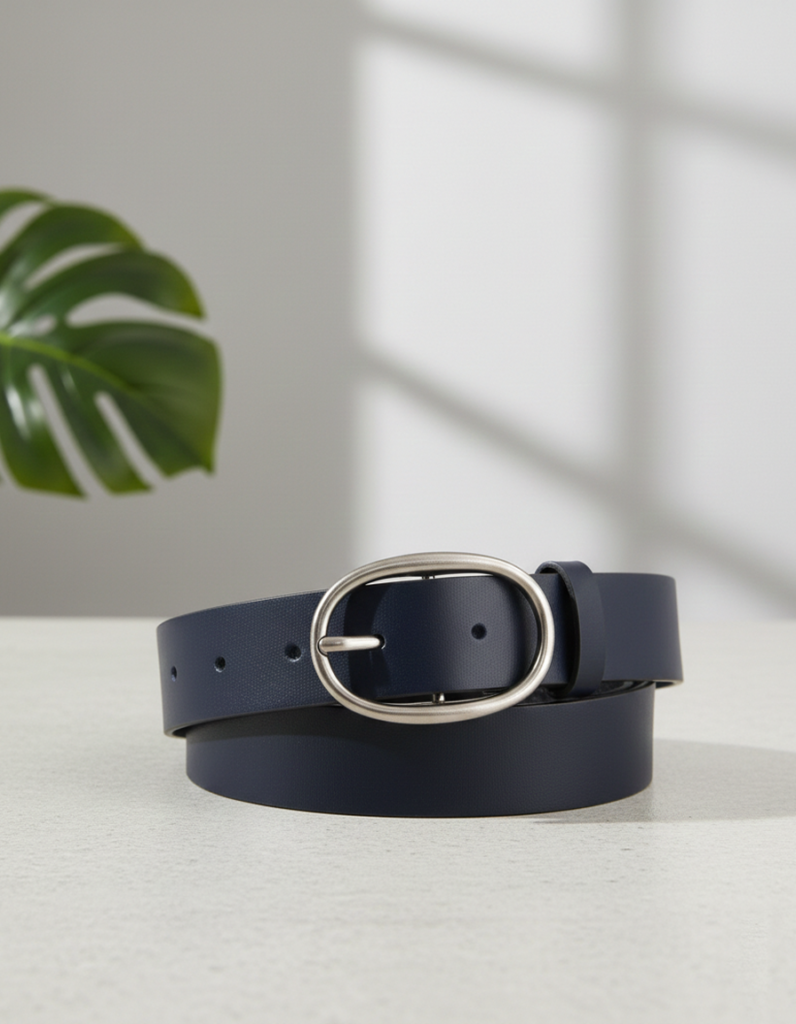 Oval Buckle Navy Blue leather Belt
