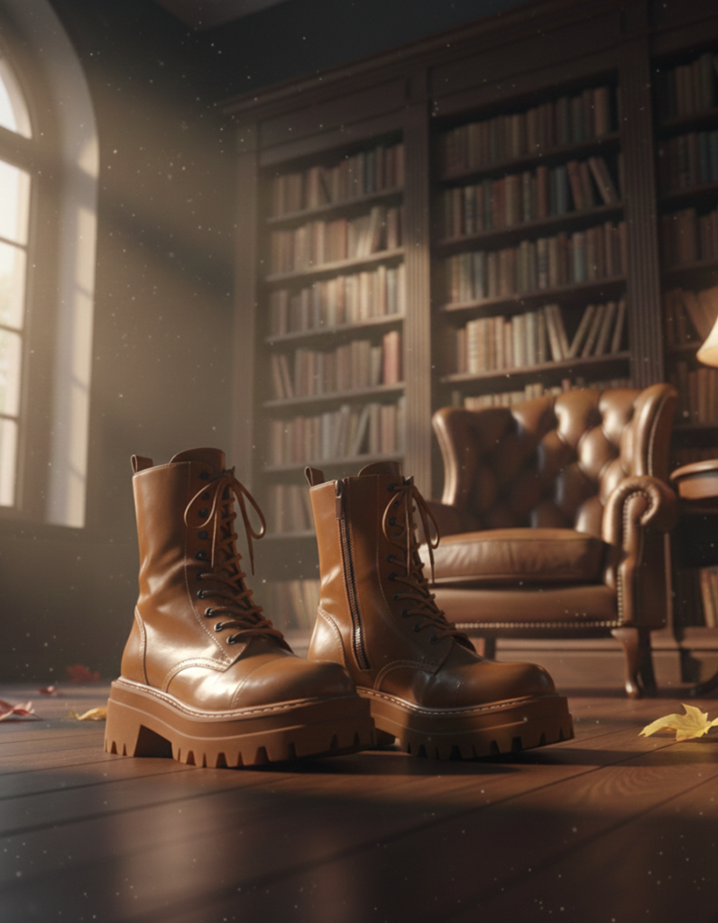 Brown leather combat boots